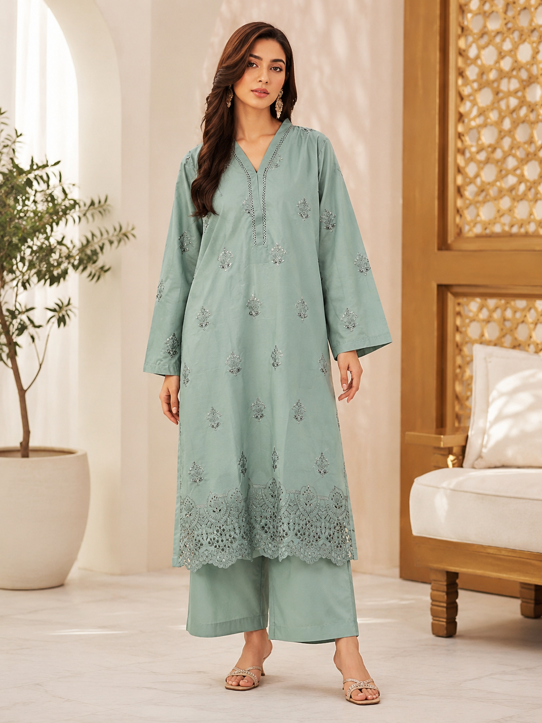 Schiffli embroidered Cotton lawn co-ord set