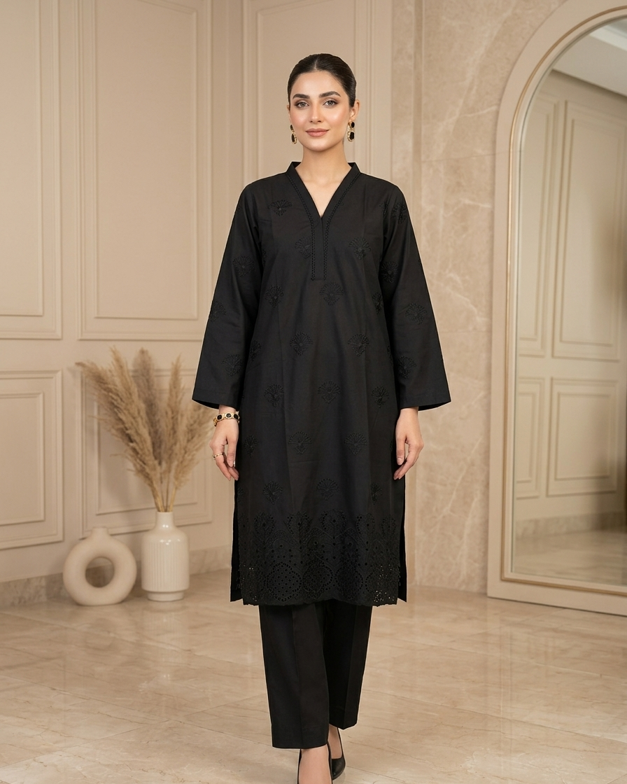 Black Self-Embroidered Cotton Kurta with Cutwork Hem & Straight Trousers — 2-Piece Set