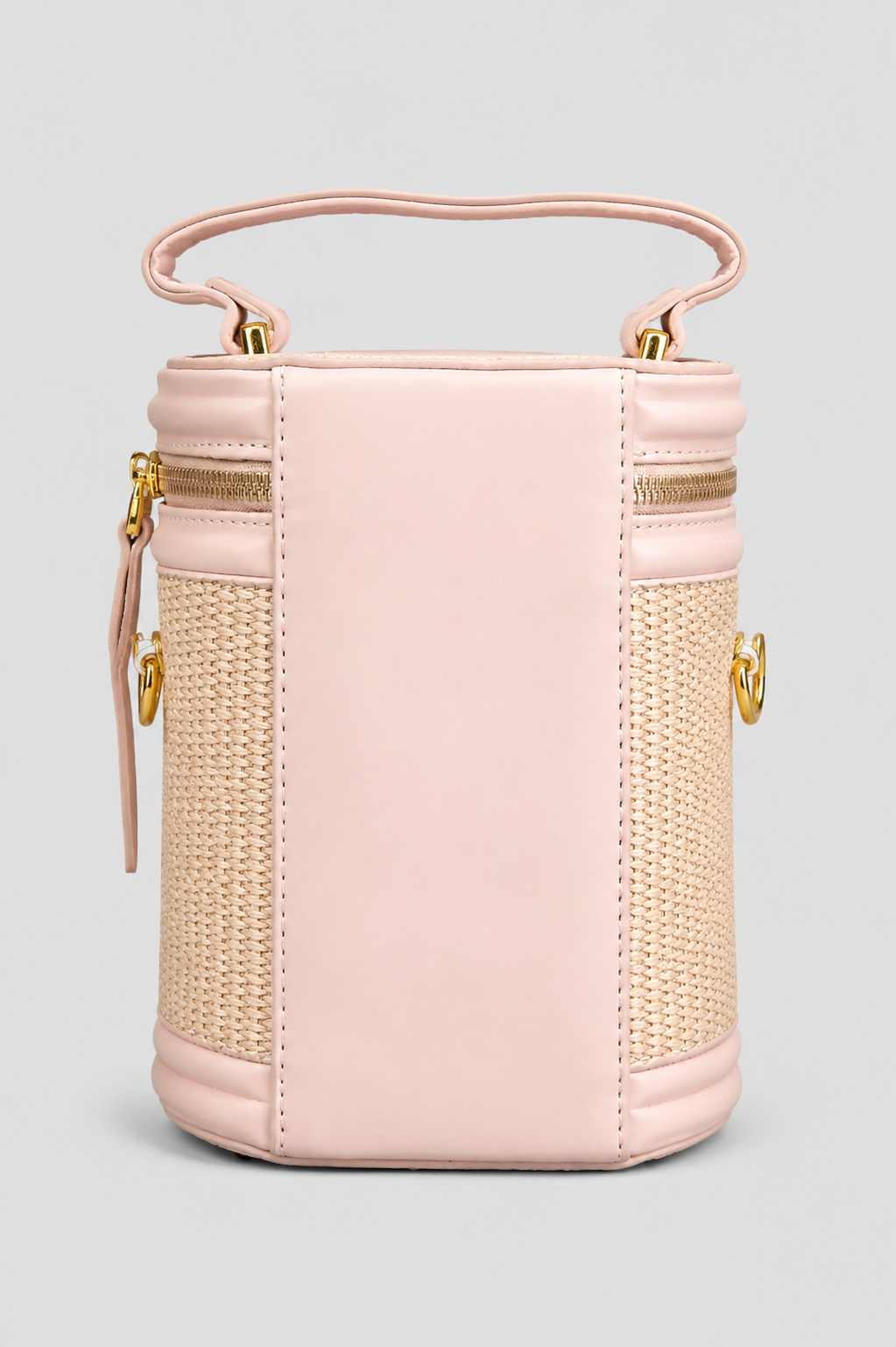 Raffia & Leather Cylinder Bucket Bag — Blush Pink with Gold Zip & Embroidered Logo