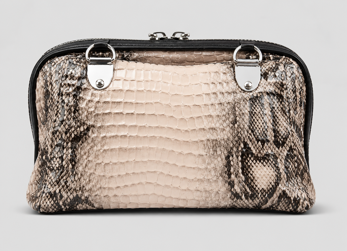 Python-Embossed Leather Dome Clutch — Cream & Black with Silver Hardware