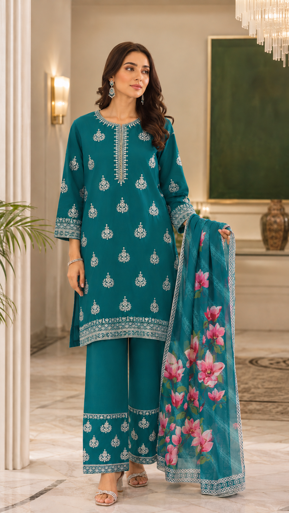 Teal Embroidered 3-Piece Lawn Suit