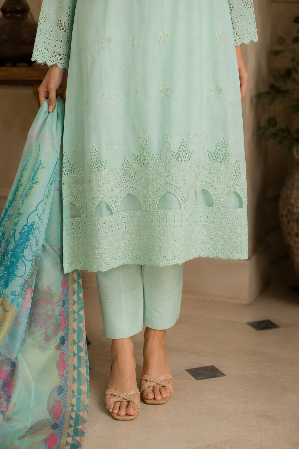 Eyelet Cutwork Cotton Lawn 3-Piece Suit with Multicolour Printed Dupatta