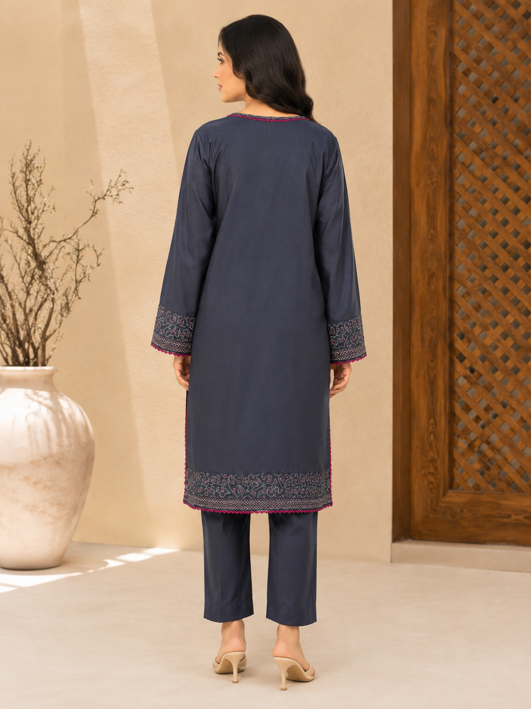 Navy Blue Embroidered Lawn 2-Piece Co-ord Set with Fuchsia Detailing
