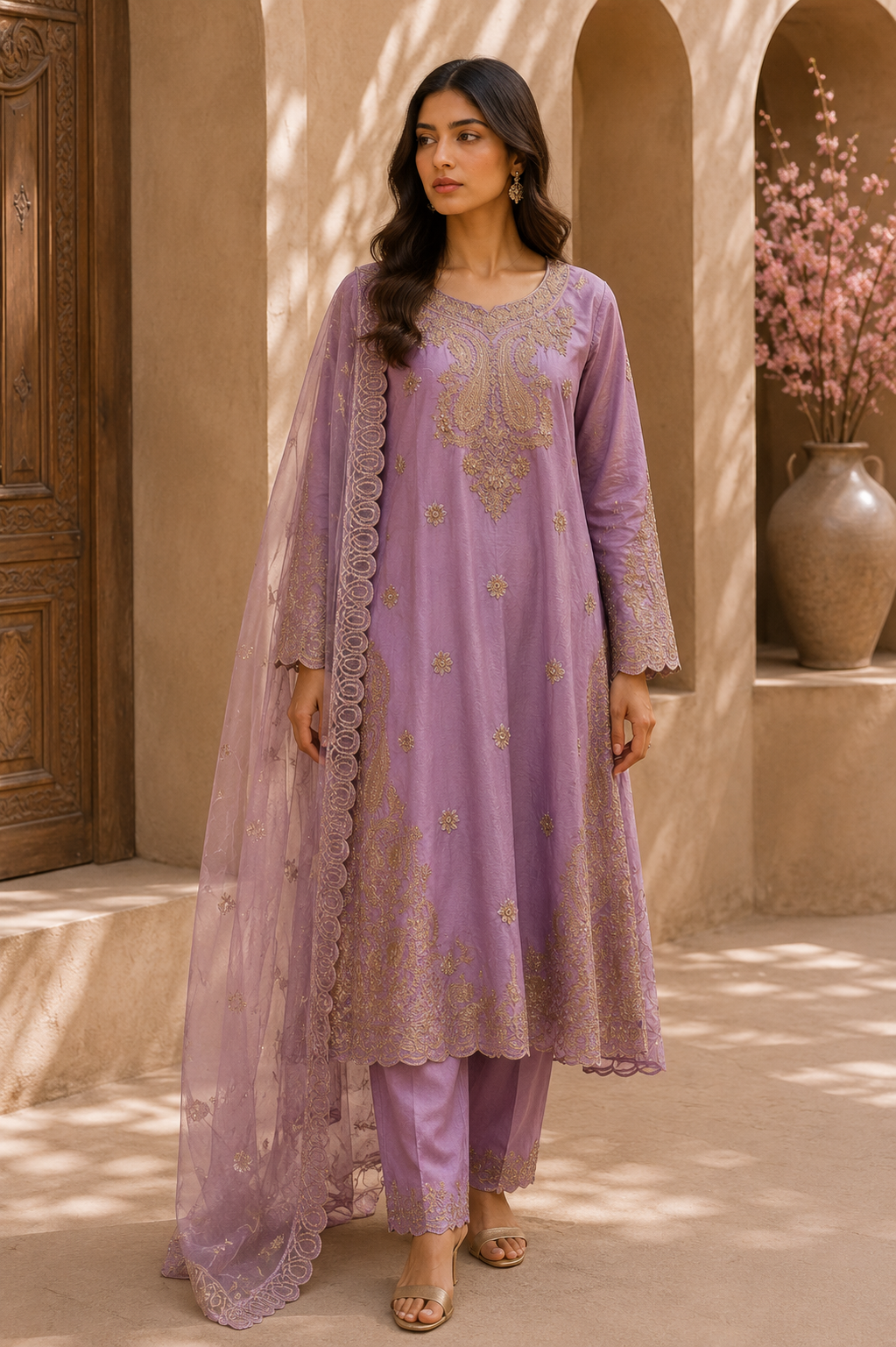 Lavender Gold Embroidered Lawn 3-Piece Suit