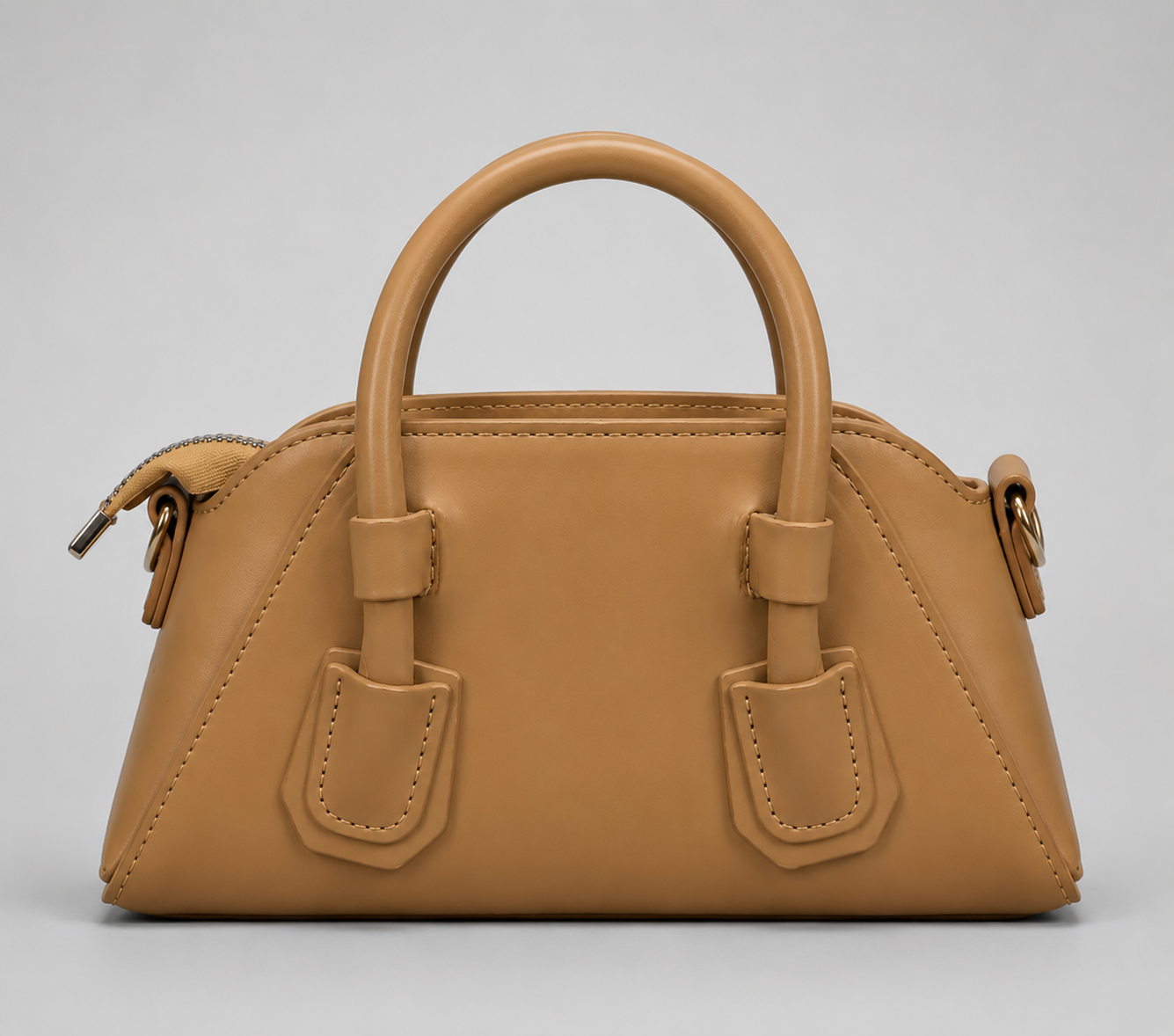 Camel Mini Bowling Bag — Padlock Hardware Top Handle Crossbody with Strap Keeper Detail