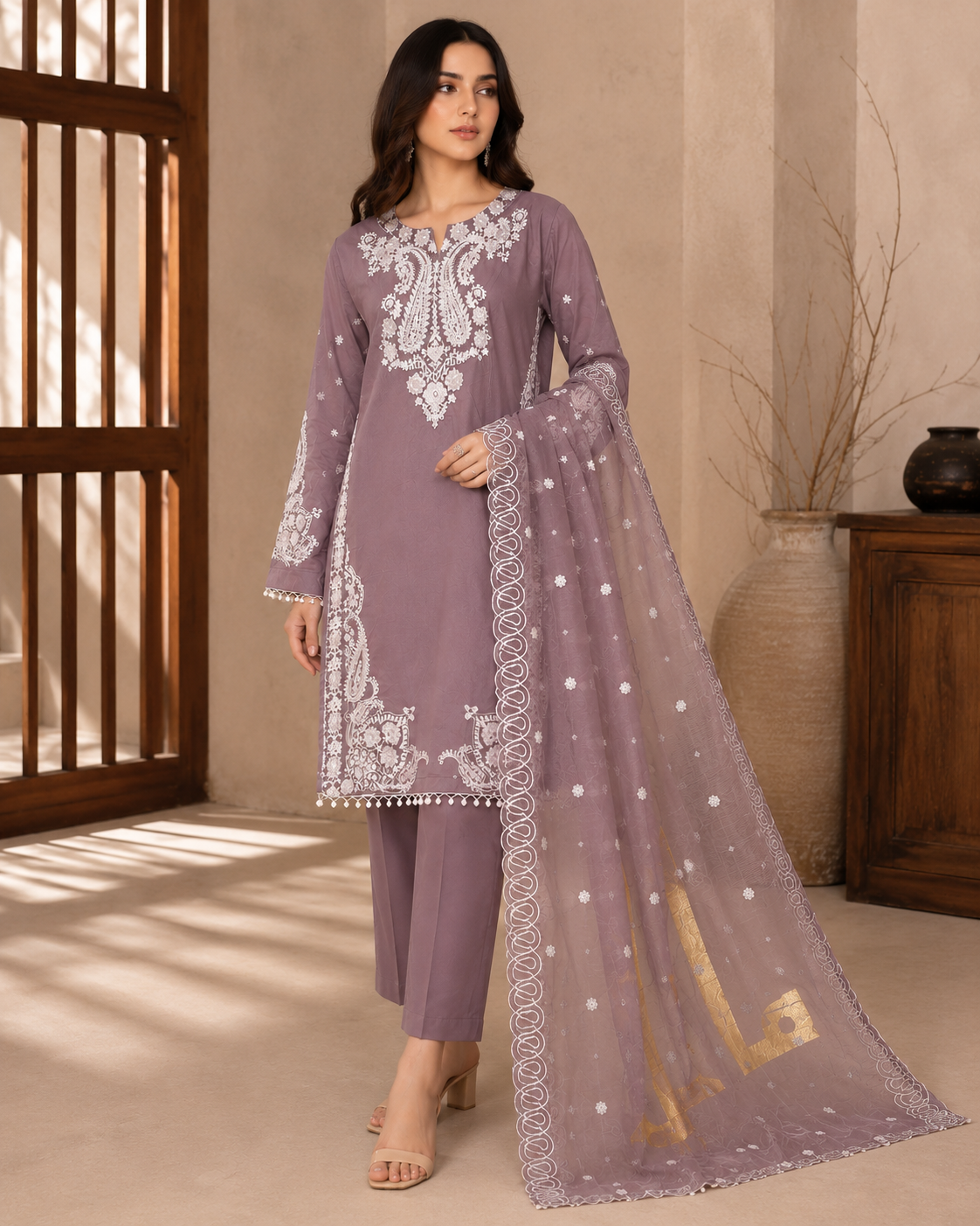 Mauve White Paisley Embroidered Lawn 3-Piece Suit