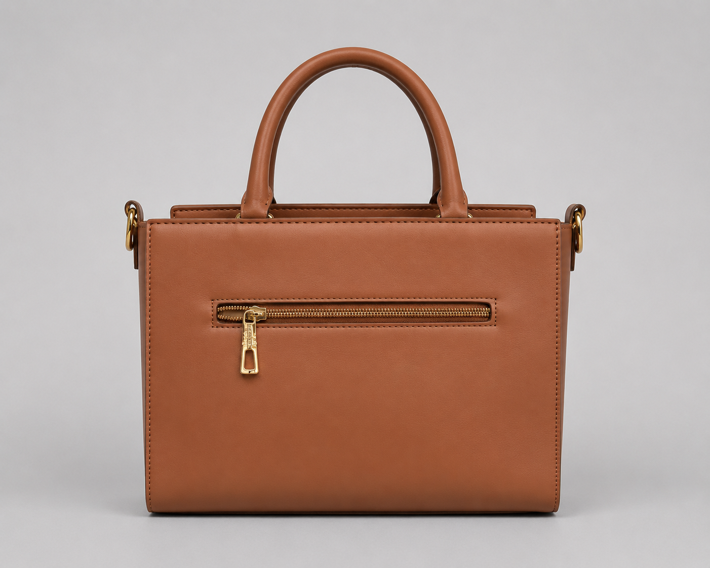 DLFRANDAL Tan Embossed Monogram Satchel — Structured Flap Top Handle Bag with Gold Hardware