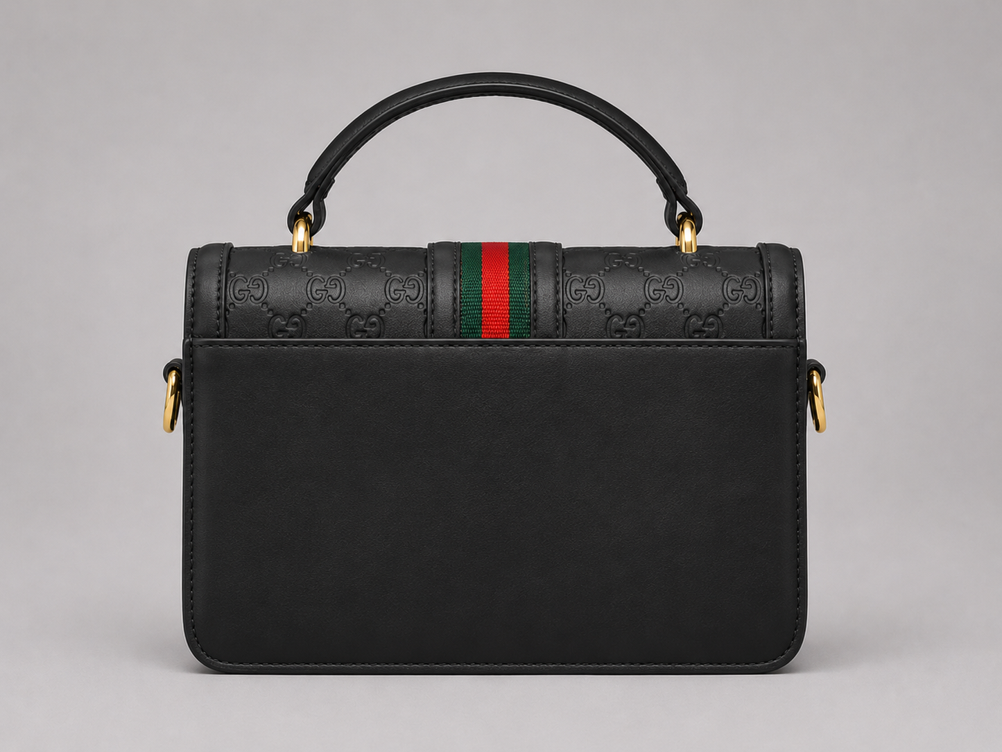 Gucci Black GG Embossed Leather Satchel — Web Stripe Top Handle Crossbody with Gold Lock Closure