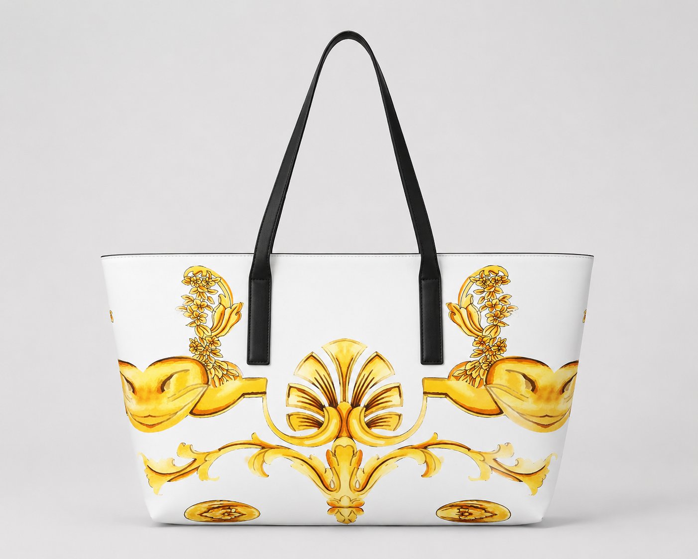 Versace White Baroque Gold Print Tote ā Medusa Head Hardware Large Shoulder Bag