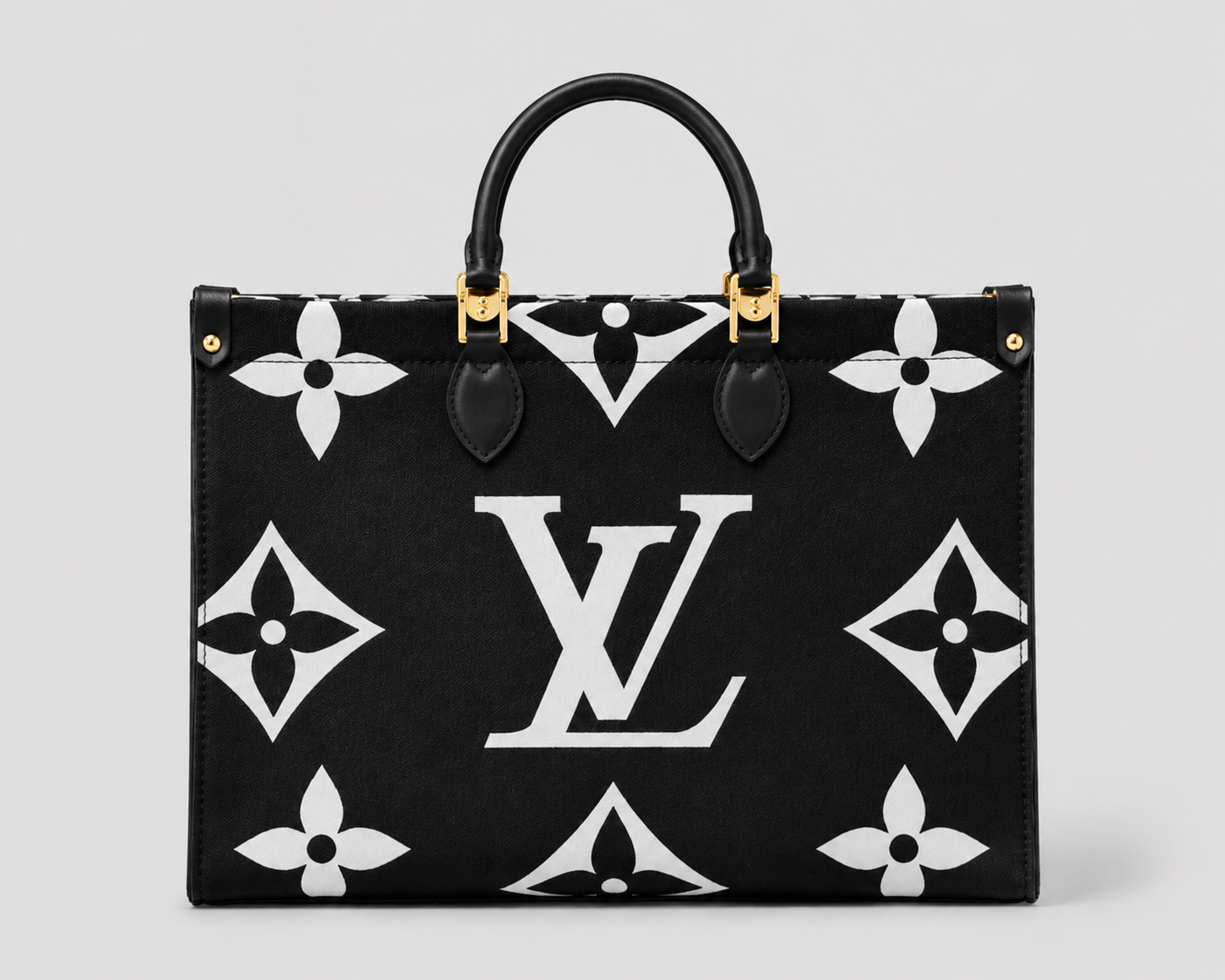Black & White Giant Monogram Canvas Tote — Oversized Logo Print Top Handle Shoulder Bag with Gold Hardware