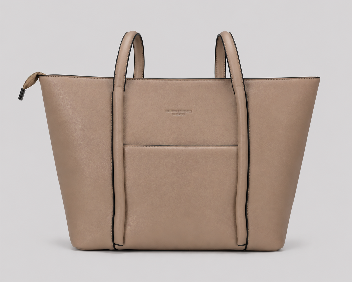 Taupe Leather Large Shopper Tote — Minimalist Open Top Shoulder Bag with Front Pocket & Black Edge Trim