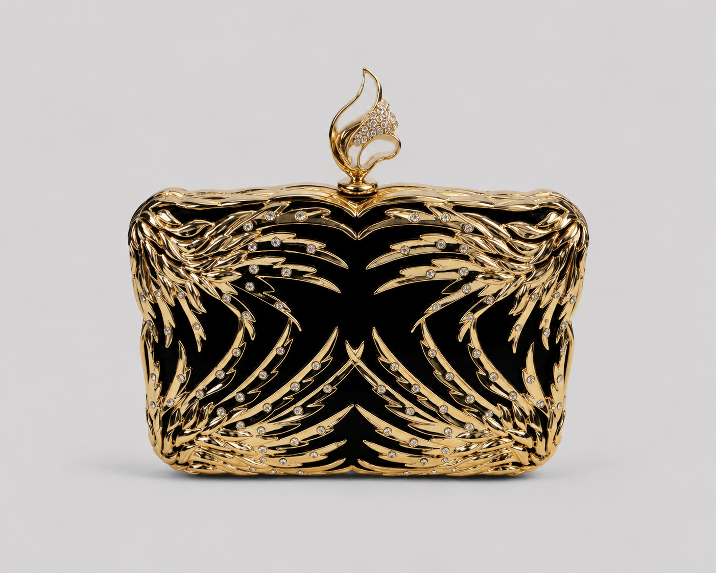 Phoenix Flame Crystal Clutch – Black & Gold