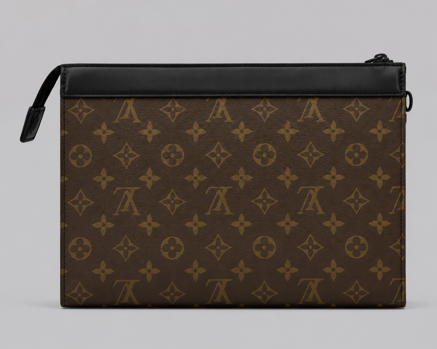 Brown Monogram Canvas Zip Clutch Pouch — Black Leather Trim Large Flat Pochette