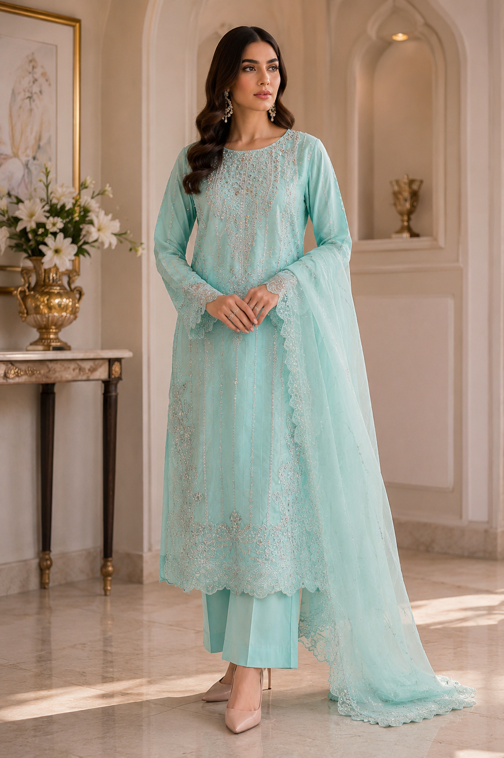 Heavy Embroidered Organza Suit | Silver Sequin & Threadwork | Pakistani Women's Luxury Wedding Formal Wear