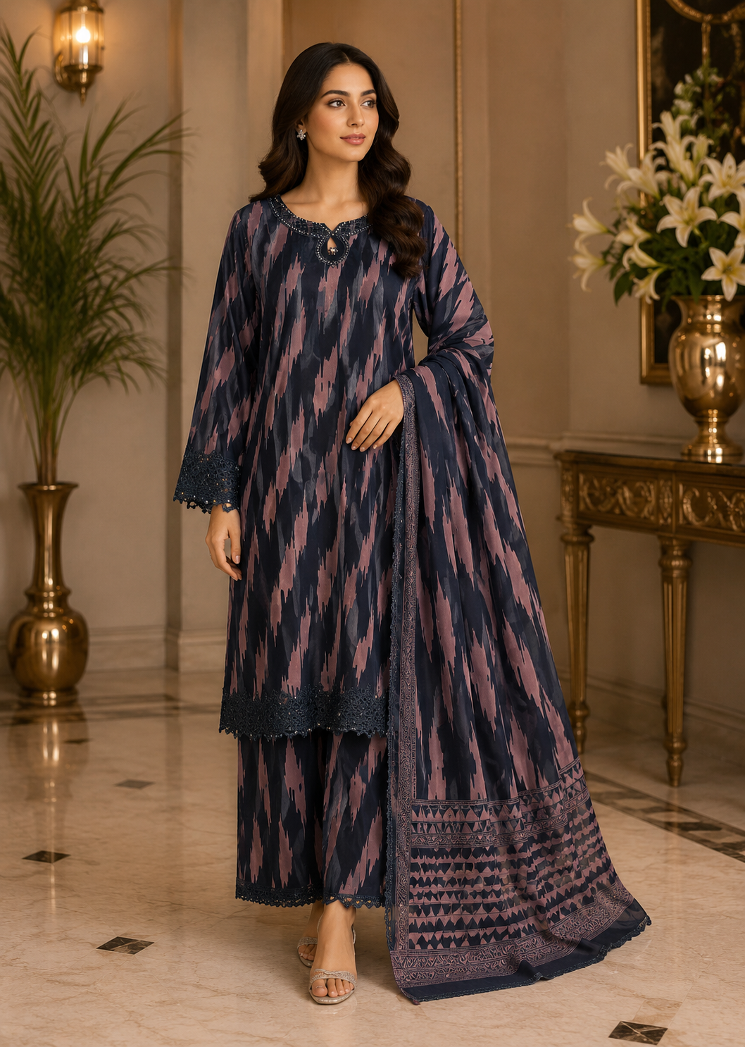 Navy & Mauve Ikat Print 3-Piece Suit | Cutwork Lace Cuffs & Pearl Neckline | Pakistani Women's Printed Formal Collection