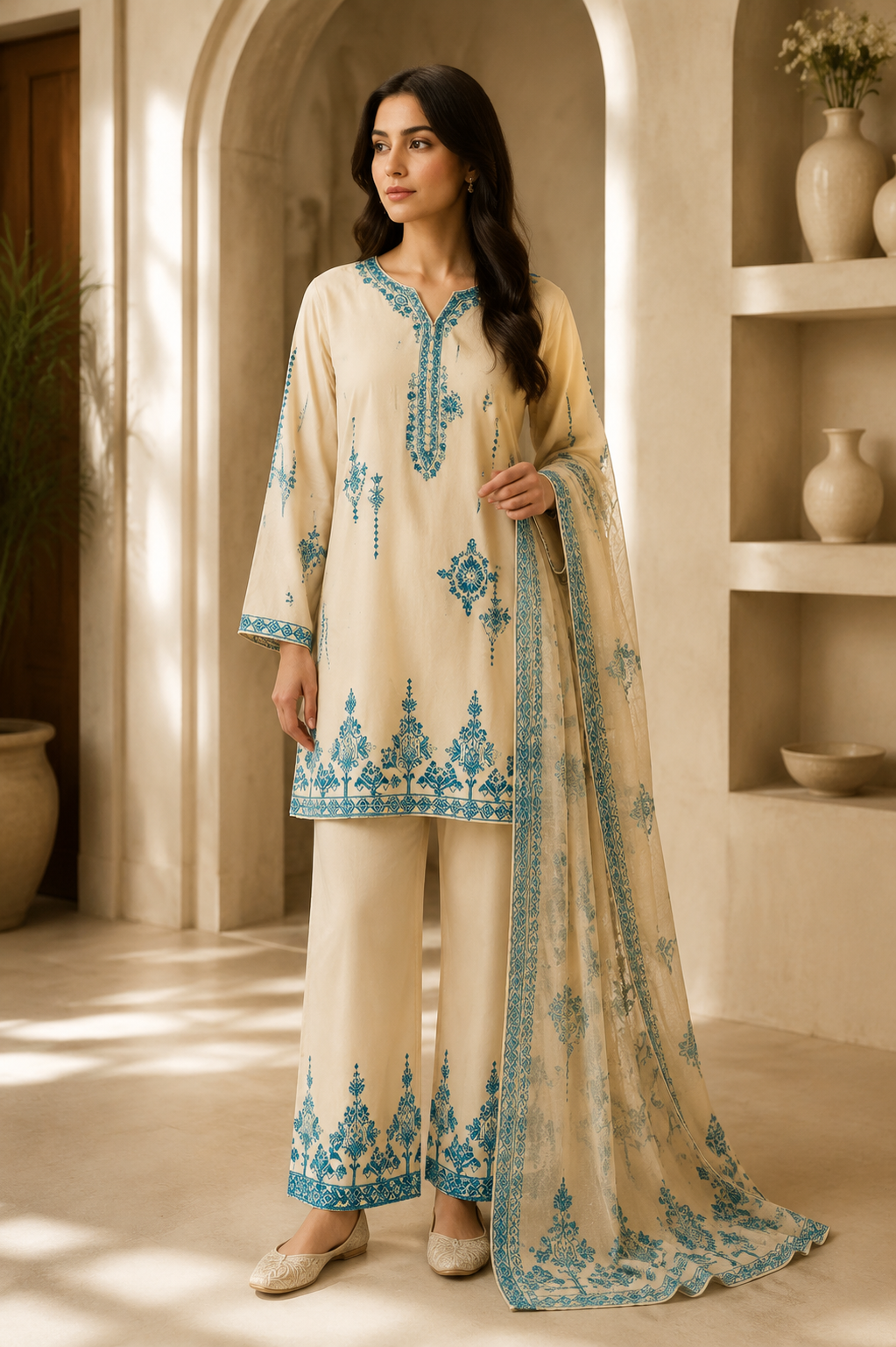 Women's Embroidered 3-Piece Suit — Kurti, Trouser & Dupatta