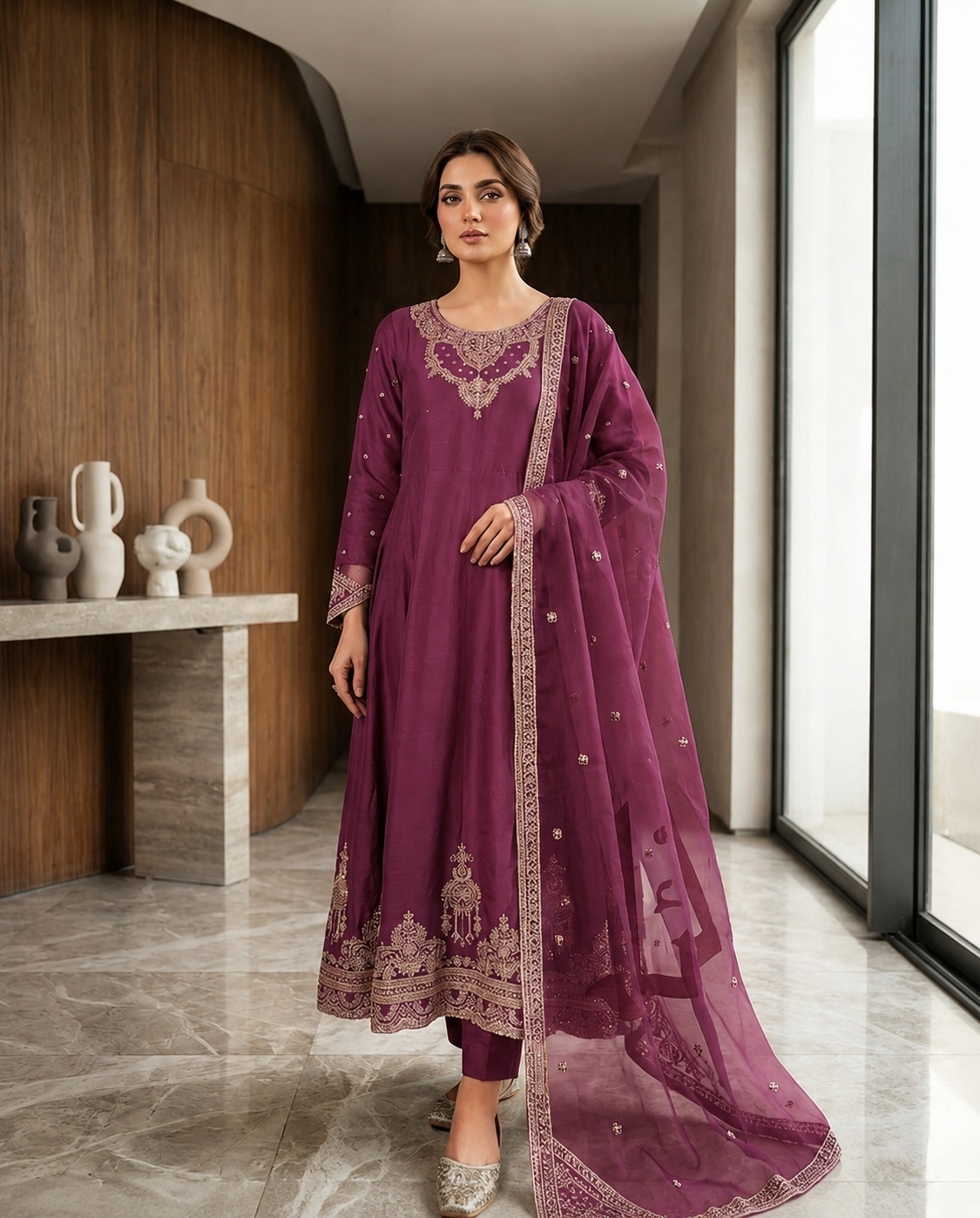 Women's Embroidered Anarkali 3-Piece Formal Suit — Frock, Trouser & Dupatta