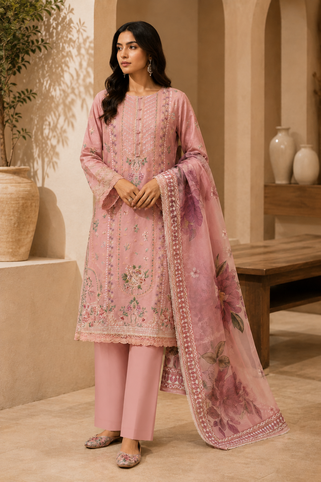 Emerald Teal Embroidered 3-Piece Suit | Gold Chevron Threadwork & Floral Print Dupatta | Pakistani Women's Luxury Formal Collection