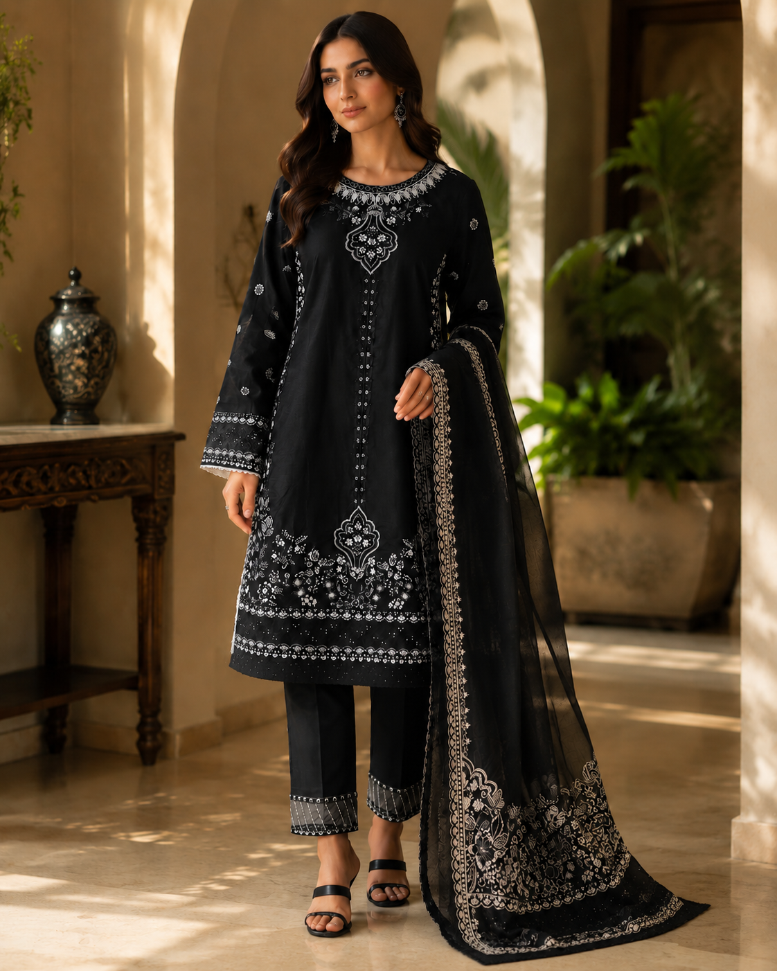 Black Silver Embroidered 3-Piece Suit | Heavy Threadwork & Sequin Formal Pakistani Wear | Women's Party Collection