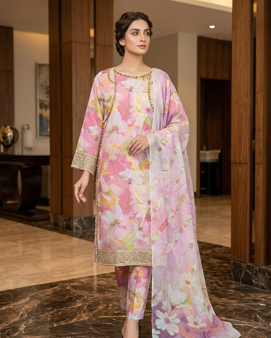 Watercolour Floral Printed Cotton 3-Piece Suit with Gold Embroidered Border & Chiffon Dupatta