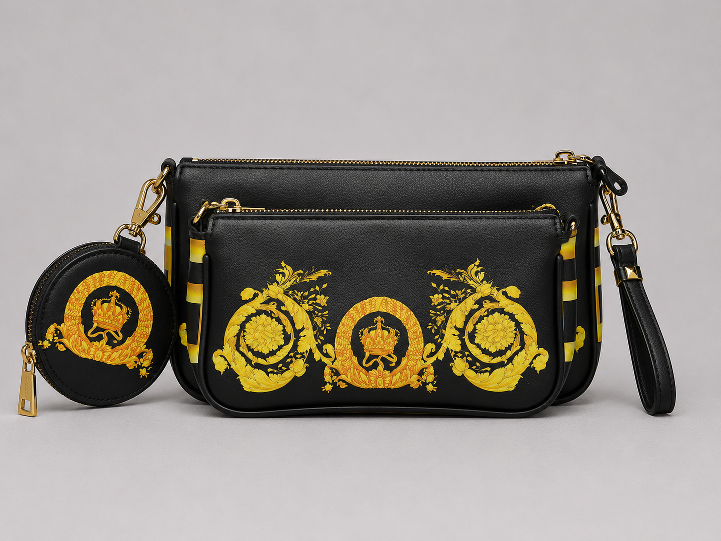 Versace Black Baroque Crown Print Crossbody Bag — Double Zip Shoulder Bag with Matching Round Coin Purse