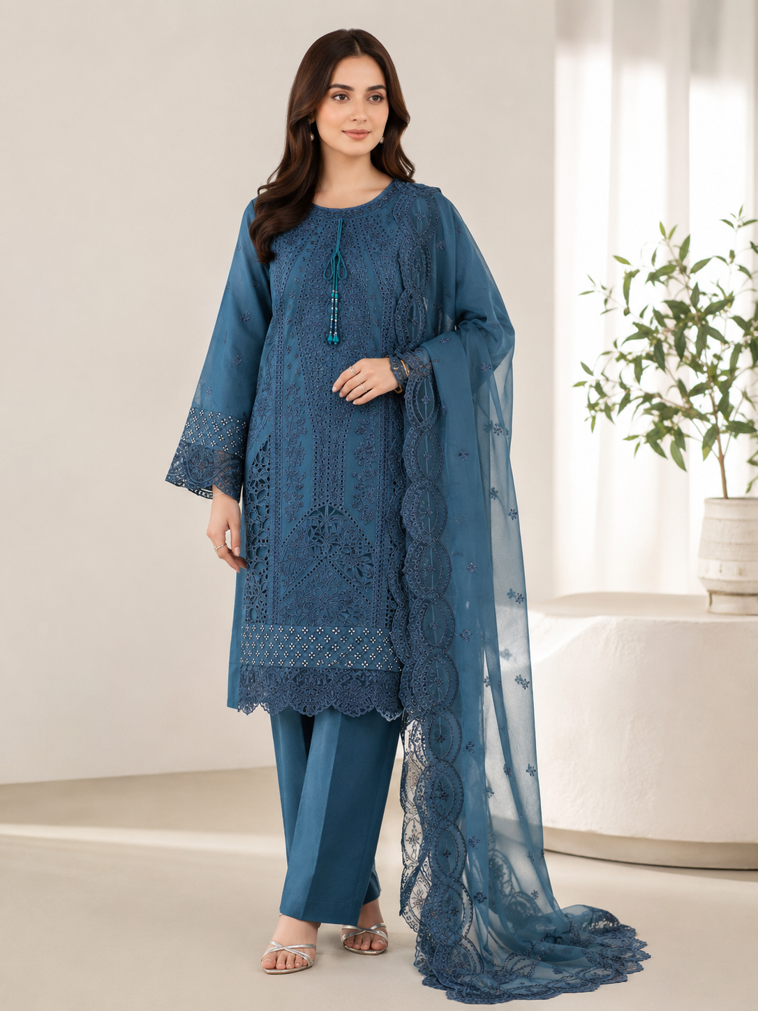 Steel Blue Cutwork Organza 3-Piece Suit | Schiffli Embroidery & Scallop Lace Dupatta | Pakistani Women's Formal Wear