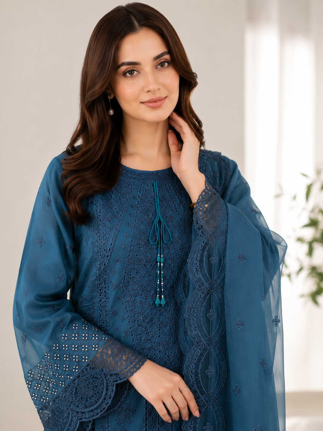 Steel Blue Cutwork Organza 3-Piece Suit | Schiffli Embroidery & Scallop Lace Dupatta | Pakistani Women's Formal Wear