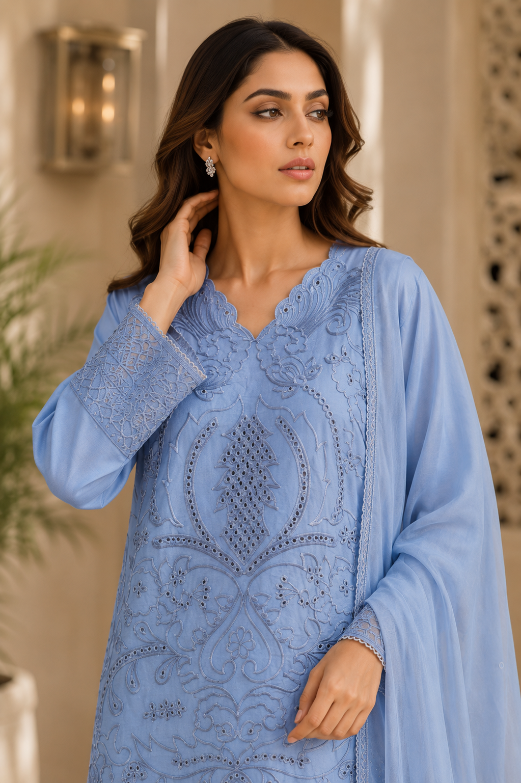 Cerulean Bloom — Embroidered Lawn Suit