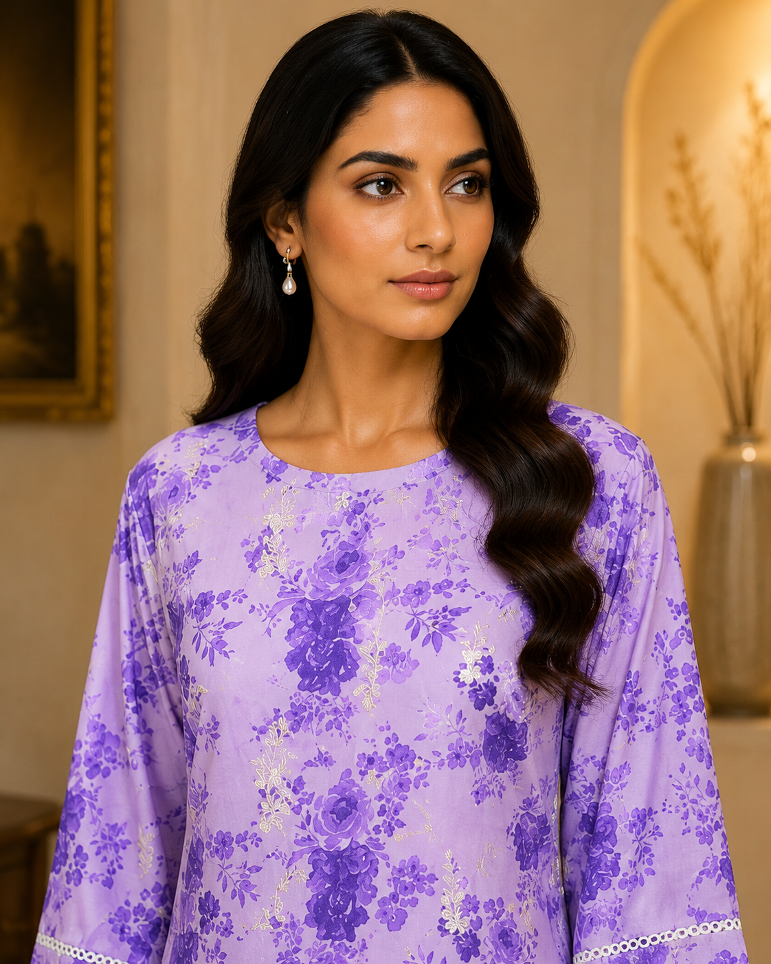 Lilac Rose Floral Print Kurta with Farshi Shalwar — Gold Foil Detail & White Lace Cuff Trim | 2-Piece Set