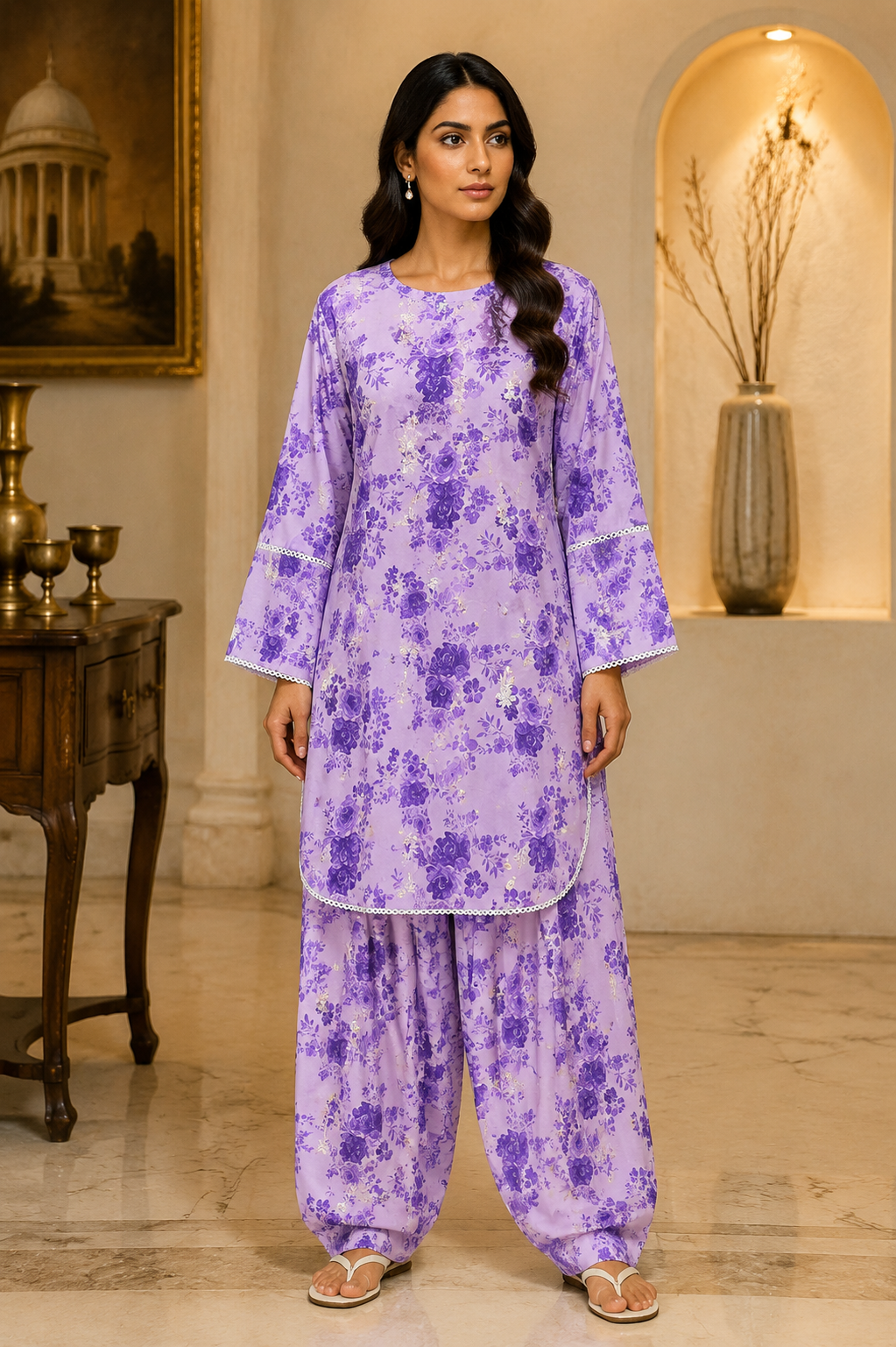 Lilac Rose Floral Print Kurta with Farshi Shalwar — Gold Foil Detail & White Lace Cuff Trim | 2-Piece Set