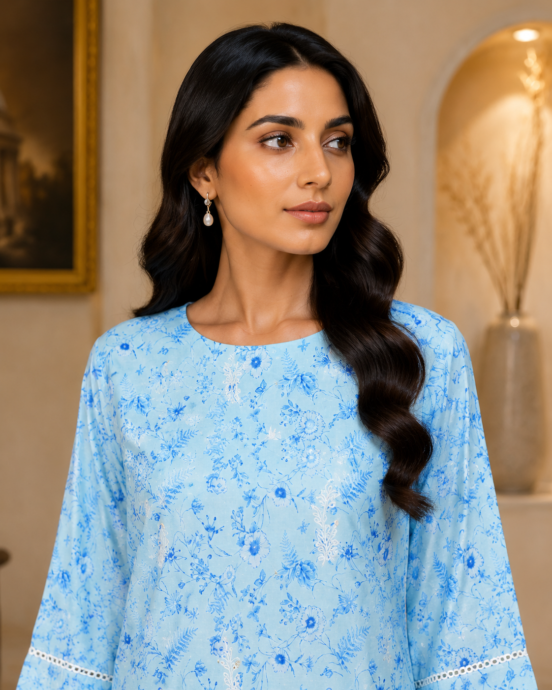 Sky Blue Ditsy Floral Print Kurta with Farshi Shalwar — White Embroidery & Eyelet Lace Trim | 2-Piece Set