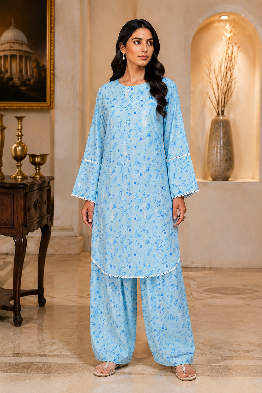 Sky Blue Ditsy Floral Print Kurta with Farshi Shalwar — White Embroidery & Eyelet Lace Trim | 2-Piece Set