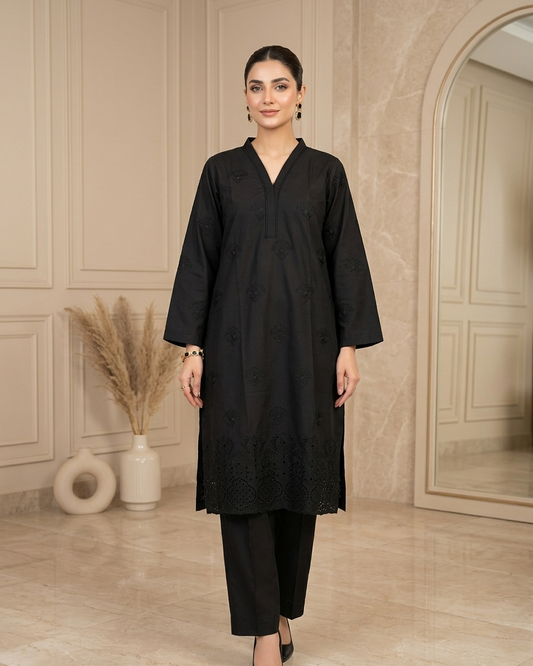 Black Self-Embroidered Cotton Kurta with Cutwork Hem & Straight Trousers — 2-Piece Set