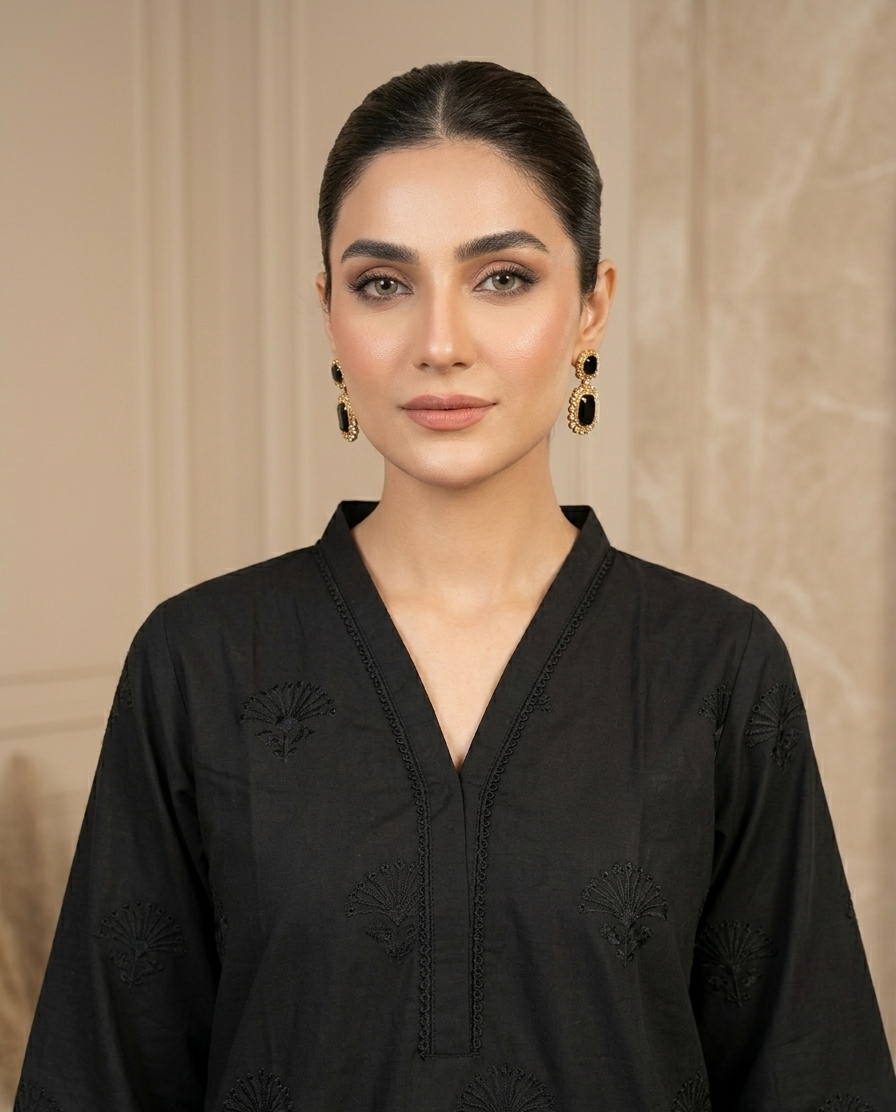 Black Self-Embroidered Cotton Kurta with Cutwork Hem & Straight Trousers — 2-Piece Set