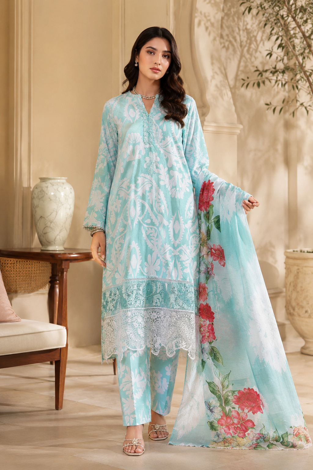 Floral Printed Cotton 3-Piece Suit with Embroidered Hem & Printed Dupatta
