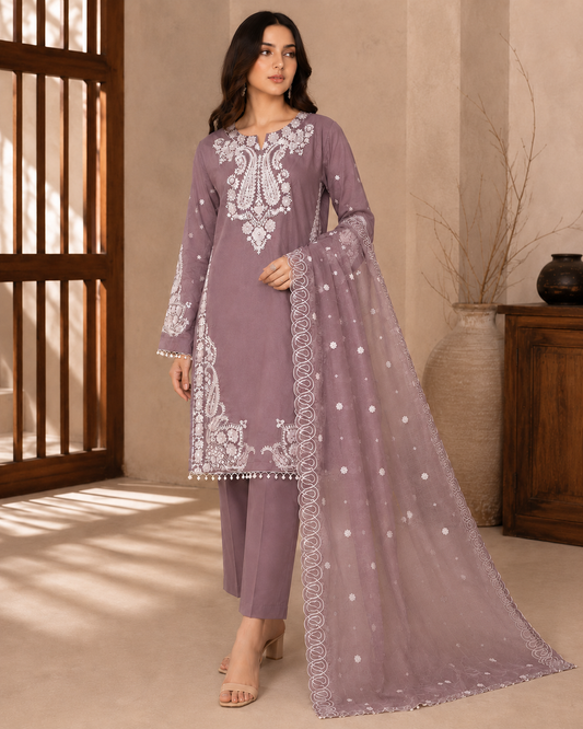Mauve White Paisley Embroidered Lawn 3-Piece Suit