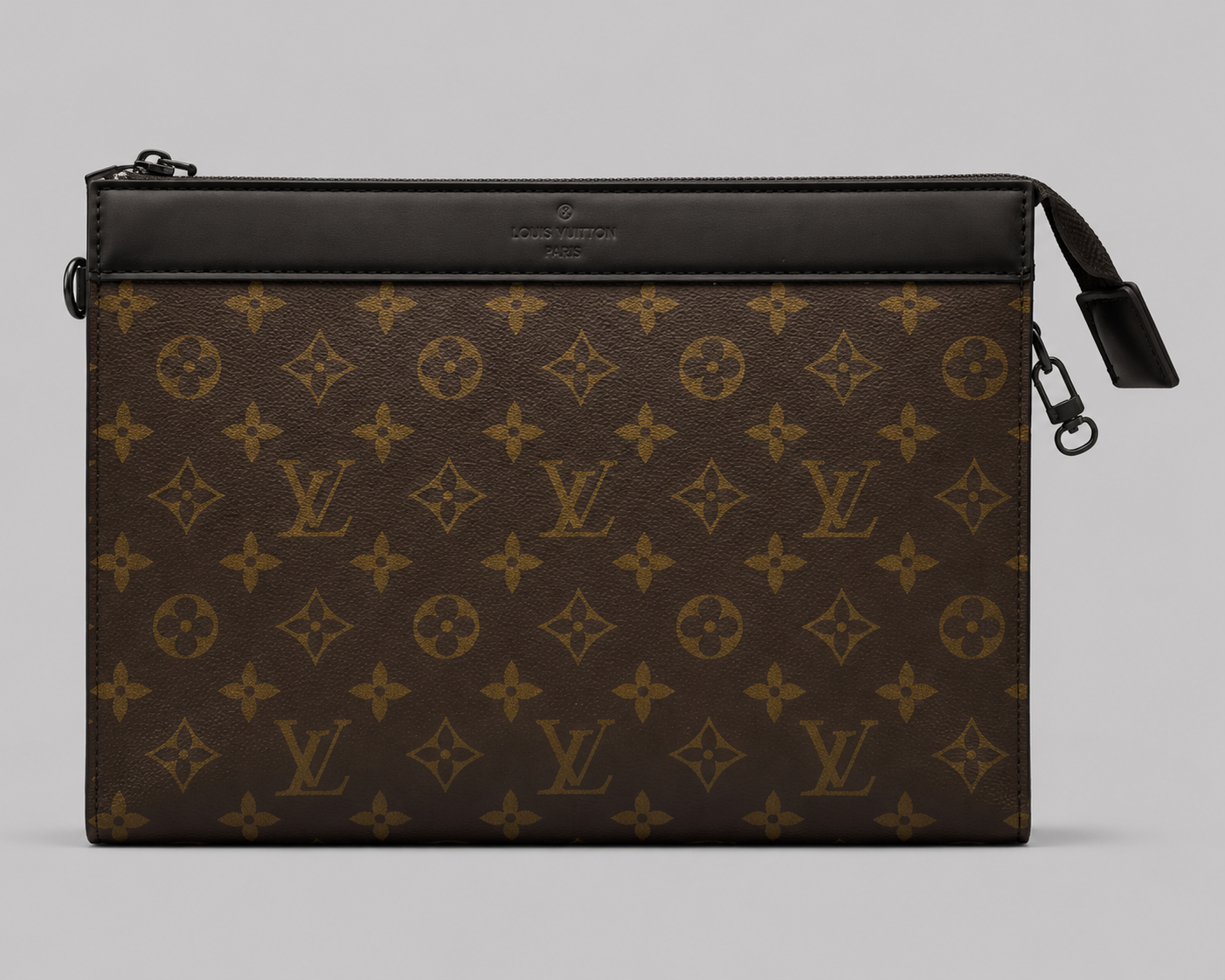 Brown Monogram Canvas Zip Clutch Pouch — Black Leather Trim Large Flat Pochette