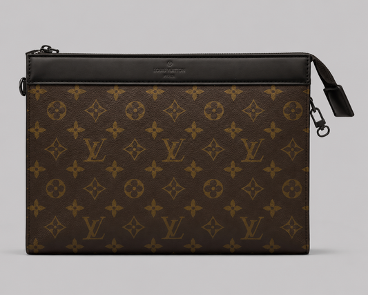 Brown Monogram Canvas Zip Clutch Pouch — Black Leather Trim Large Flat Pochette