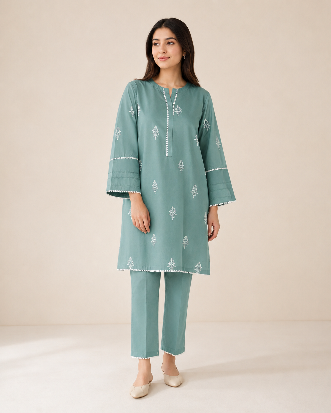 Embroidered Cotton 2-Piece Suit – Floral Booti Design (Kurti + Trouser)