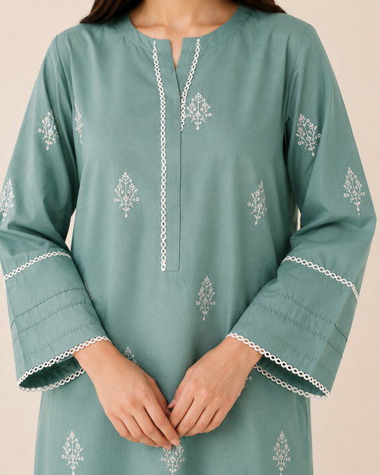 Embroidered Cotton 2-Piece Suit – Floral Booti Design (Kurti + Trouser)