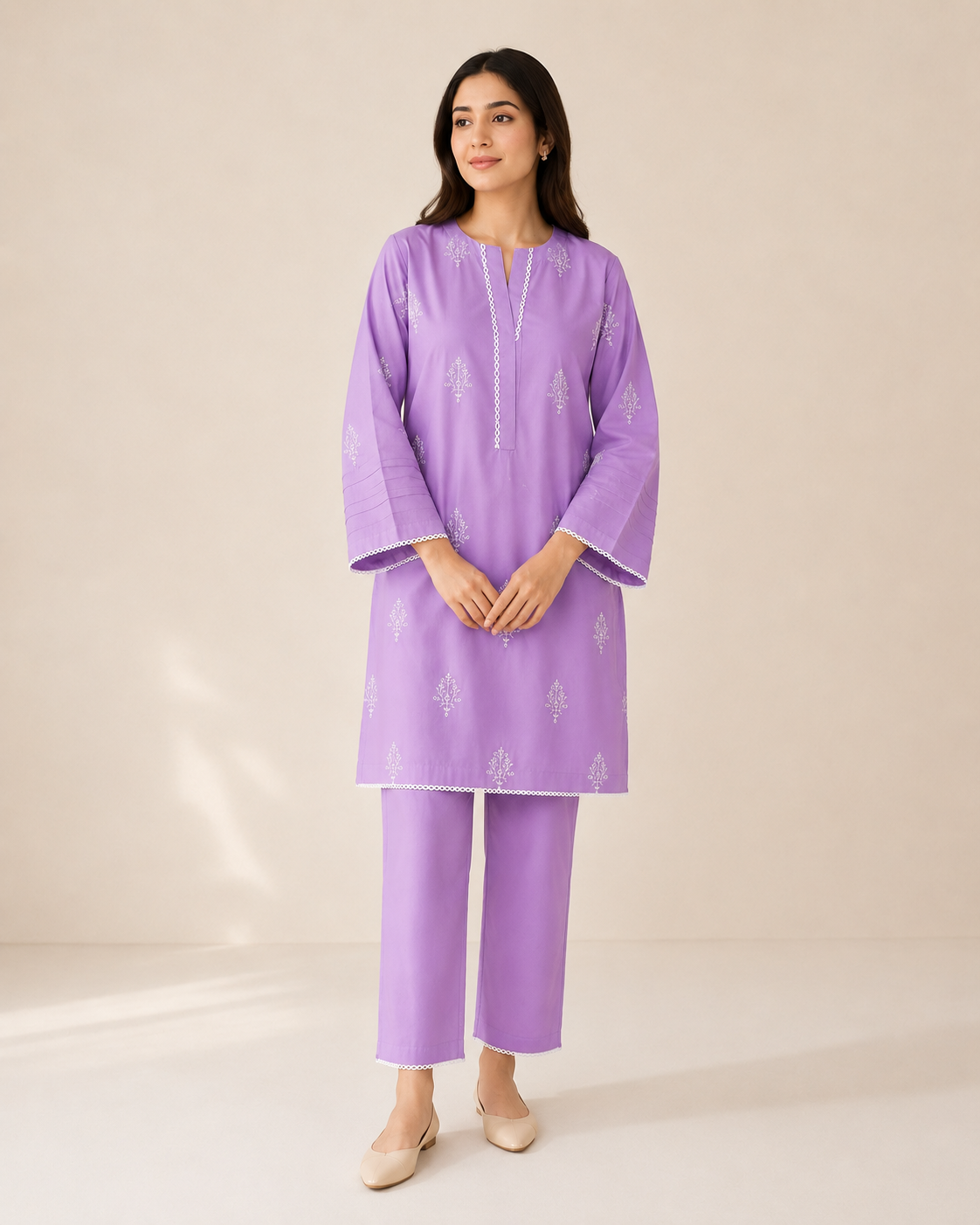 Embroidered Cotton 2-Piece Suit – Floral Booti Design (Kurti + Trouser)