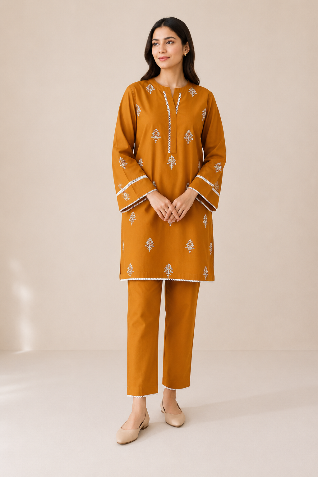 Embroidered Cotton 2-Piece Suit – Floral Booti Design (Kurti + Trouser)