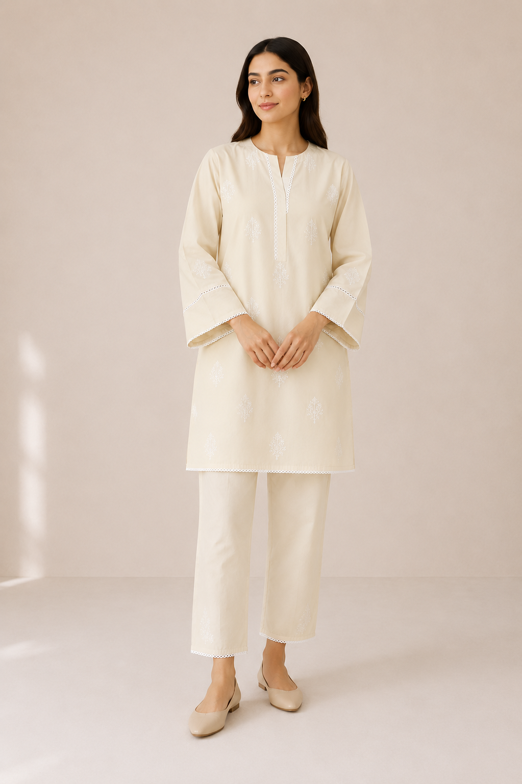 Embroidered Cotton 2-Piece Suit – Floral Booti Design (Kurti + Trouser)