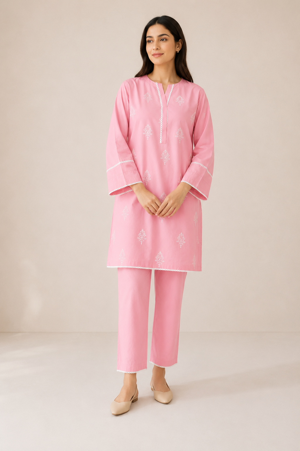 Embroidered Cotton 2-Piece Suit – Floral Booti Design (Kurti + Trouser)
