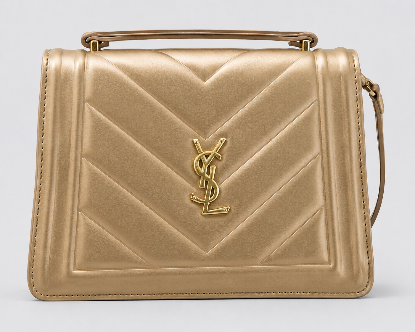 Chevron Quilted Leather Satchel — Gold with Top Handle & Adjustable Strap