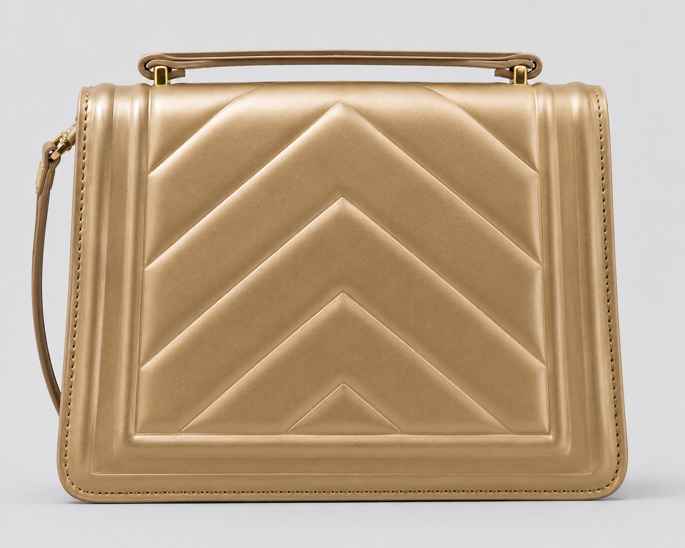 Chevron Quilted Leather Satchel — Gold with Top Handle & Adjustable Strap