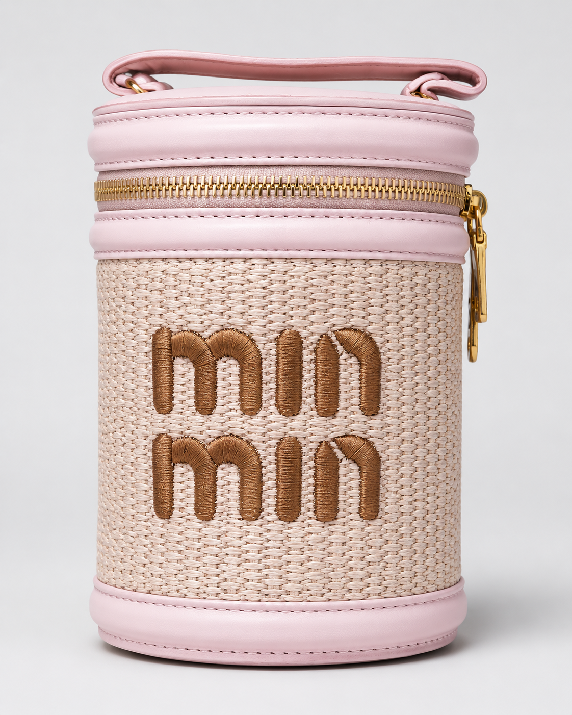 Raffia & Leather Cylinder Bucket Bag — Blush Pink with Gold Zip & Embroidered Logo