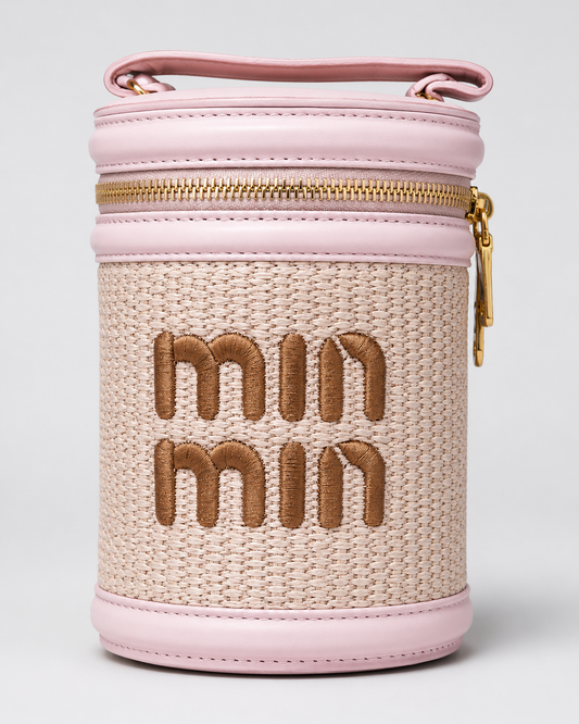 Raffia & Leather Cylinder Bucket Bag — Blush Pink with Gold Zip & Embroidered Logo