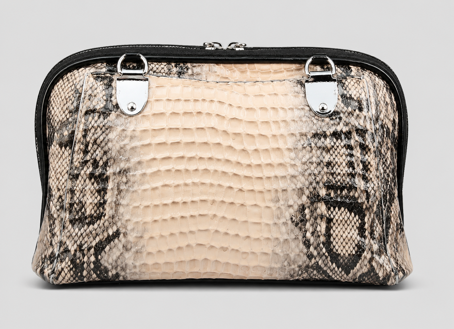 Python-Embossed Leather Dome Clutch — Cream & Black with Silver Hardware