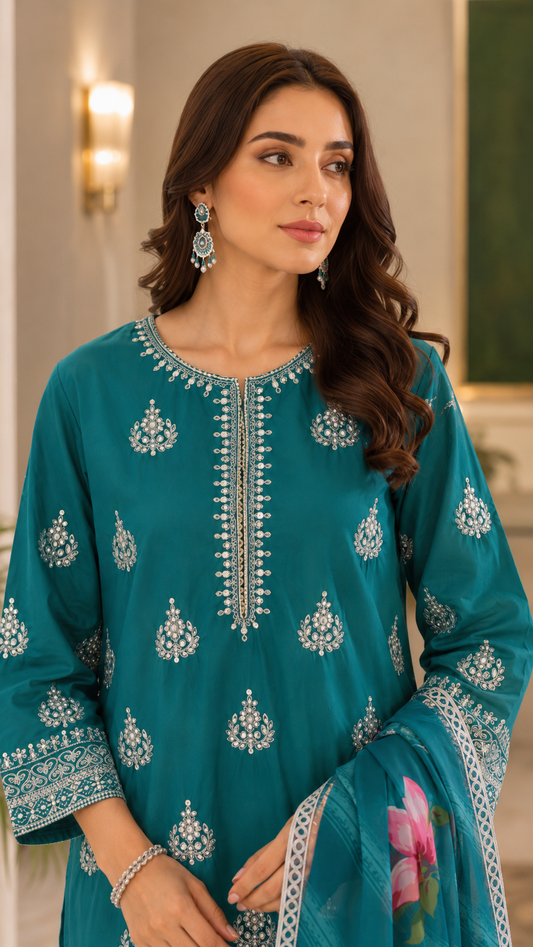 Teal Embroidered 3-Piece Lawn Suit